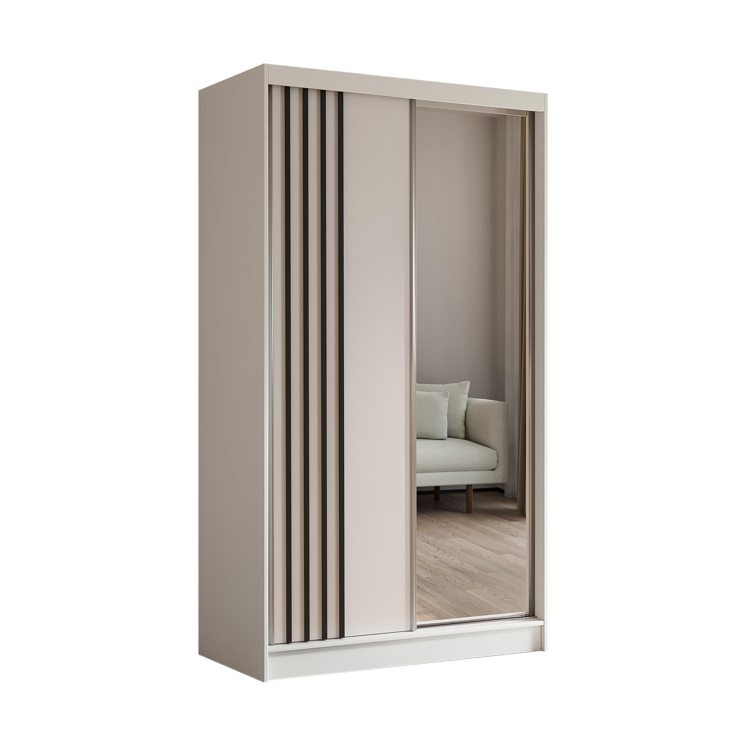 SCHWEBETÜRENSCHRANK Neli 120 cm mit Lamellen und Spiegel 2-türig, weiß, weiß, Lamelle schwarz - Schwarz/Weiß, Kunststoff (120/216/61cm) - Margaret Hadas24