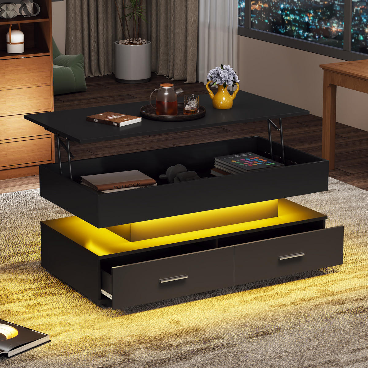 COUCHTISCH höhenverstellbar 100 x 50 x 44 cm Schwarz mit LED und 2 Schubladen - Schwarz, Holzwerkstoff (100/50/44cm) - Meubliv
