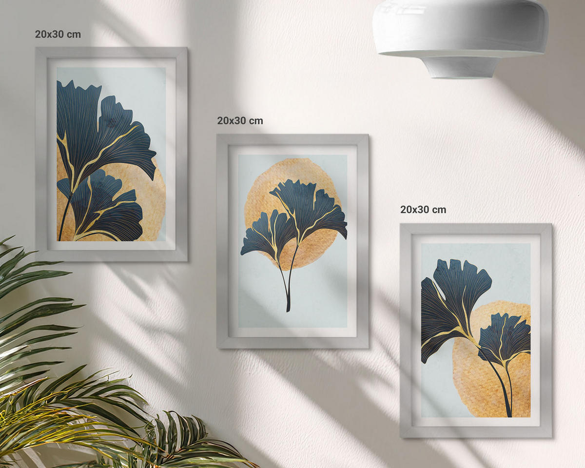 WANDBILDER 3er Set - 20x30 cm Silberner Rahmen - Ginkgoblätter, heller Hintergrund - Silberfarben, Kunststoff (20/30cm) - ArtPrintCave