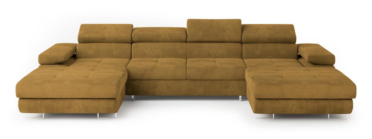 WOHNLANDSCHAFT LYKKE Gelb Velours-Stoff mit Schlaffunktion - Gelb, Holz (353/90/202cm) - MASSENO