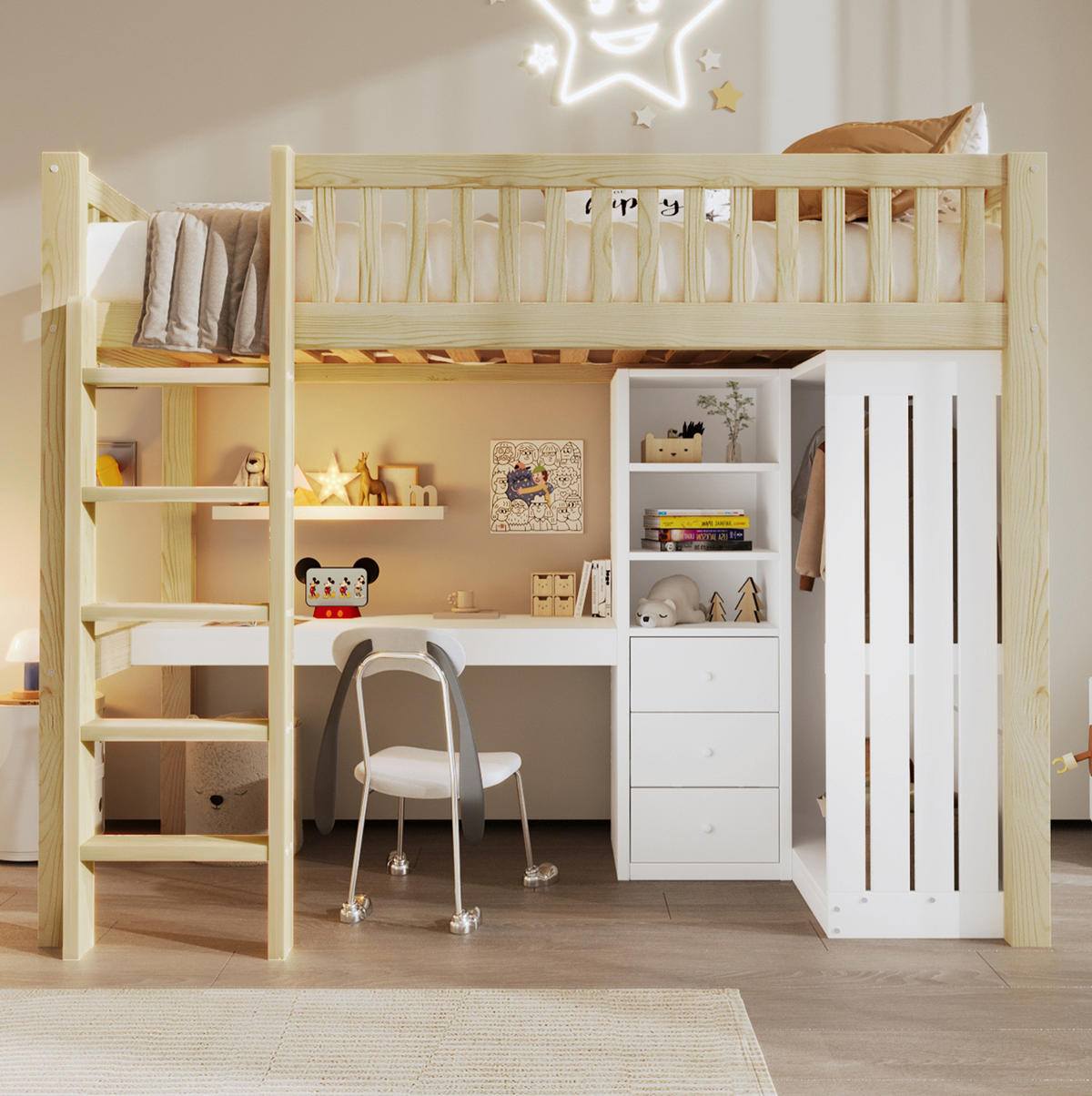 HOCHBETT 90/200 cm Natur aus Kiefernholz und MDF mit Schreibtisch und Stauraum - Naturfarben, Holz (90/200cm) - OKMYHOME