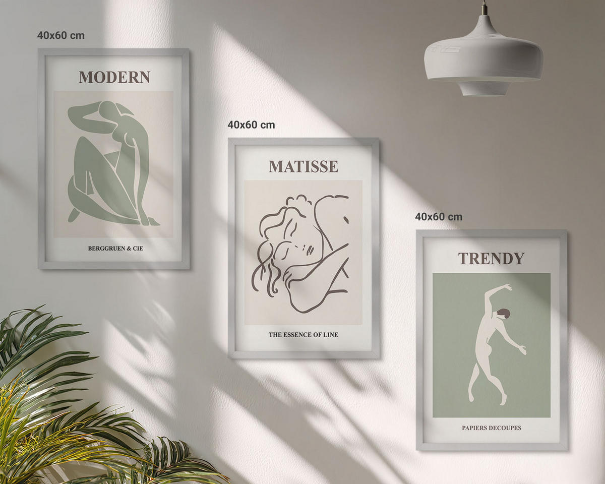 WANDBILDER 3er Set - 40x60 cm Silberner Rahmen - Stilvolle minimalistische Charaktere - Silberfarben, Kunststoff (40/60cm) - ArtPrintCave