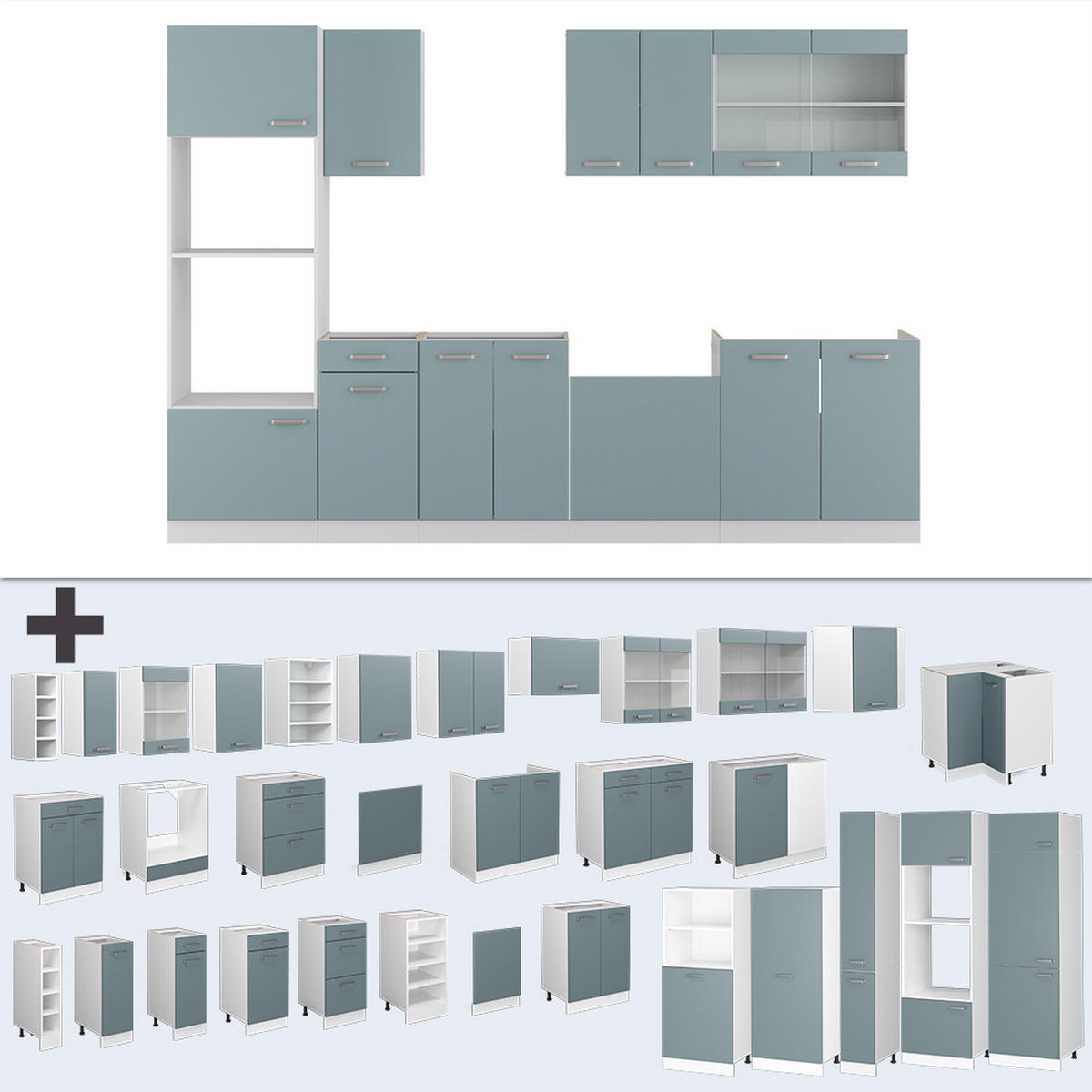 KÜCHENZEILE R-Line Blau-Grau/Weiß 300 cm mit Hochschrank, AP Eiche - Blaugrau/Weiß, Holzwerkstoff (300/81.6/60cm) - Vicco