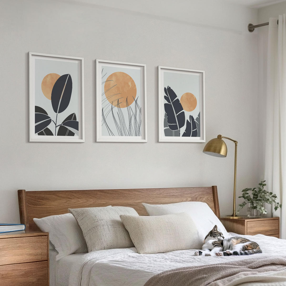 WANDBILDER 3er-Set - 40x60 cm Weißer Rahmen - Pflanzenmuster große Sonnen minimalistisch - Weiß, Kunststoff (40/60cm) - ArtPrintCave