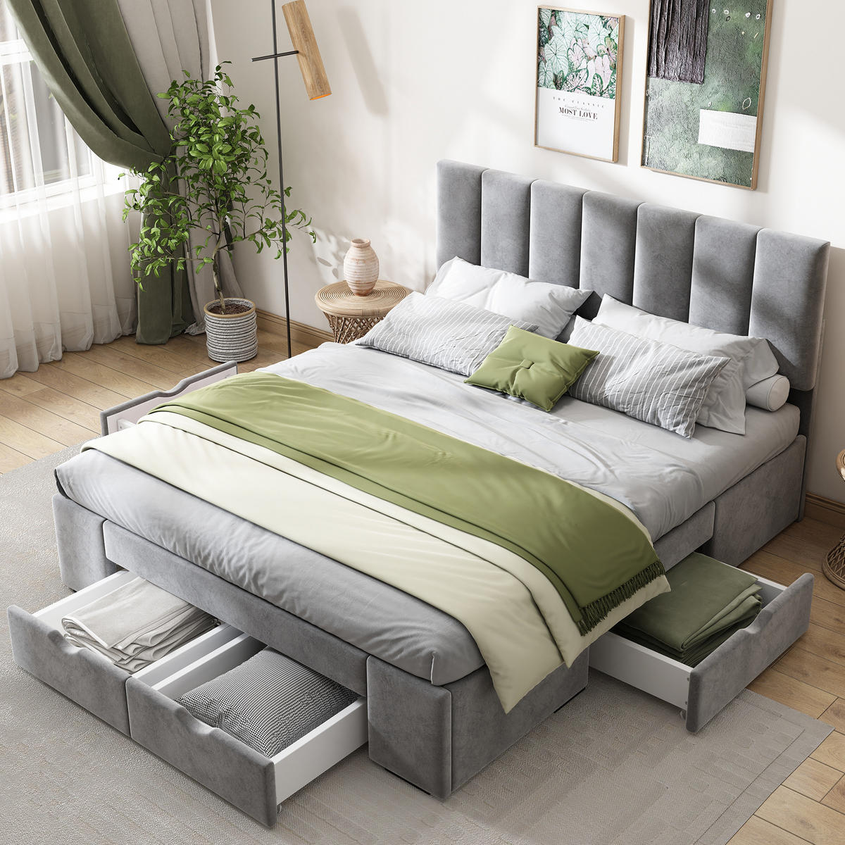 POLSTERBETT mit 4 Schubladen 140x200 cm Samt Grau - Grau, Holz (140/200cm) - Meubliv