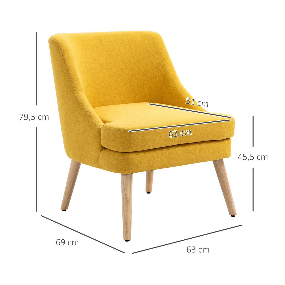GEPOLSTERTE Loungesessel, Armlehne, Holzbeine, für Wohnzimmer, Schlafzimmer - Gelb, Kunststoff (69/79.5/63cm) - HOMCOM