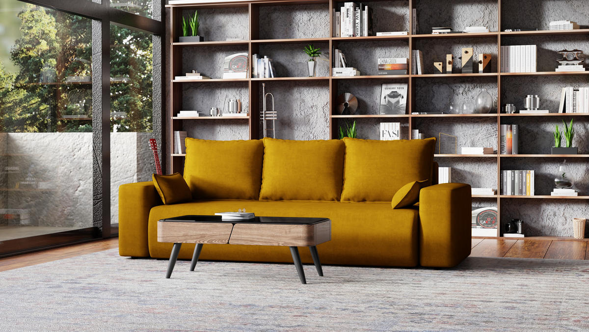 SOFA Bubi mit Bettkasten und Schlaffunktion, Velourstoff - Currygelb, Holzwerkstoff (242/85/95cm)