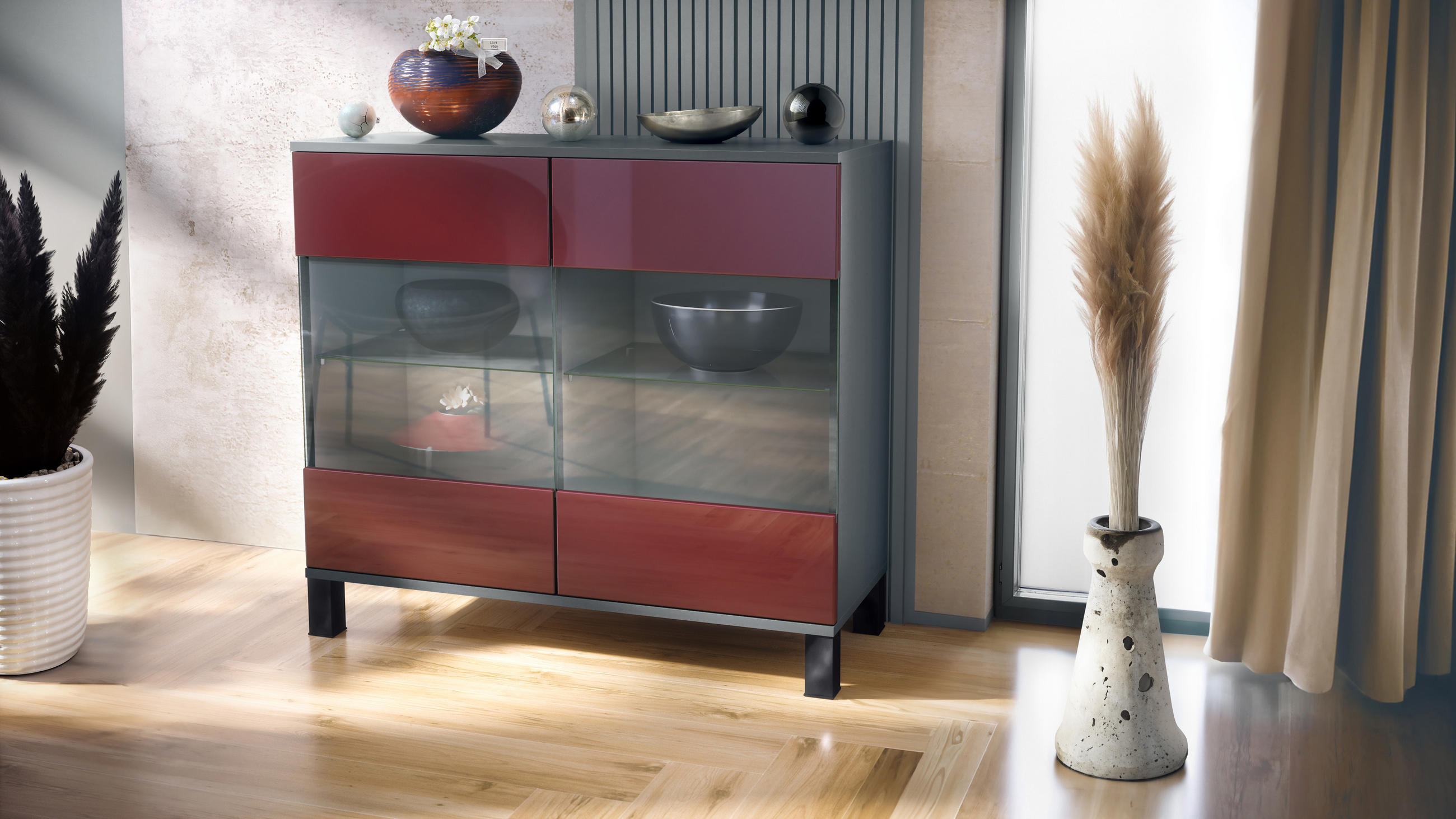 KOMMODE Bari Bordeaux Hochglanz - Bordeaux, Holzwerkstoff (92.5/84.5/35cm) - Vladon