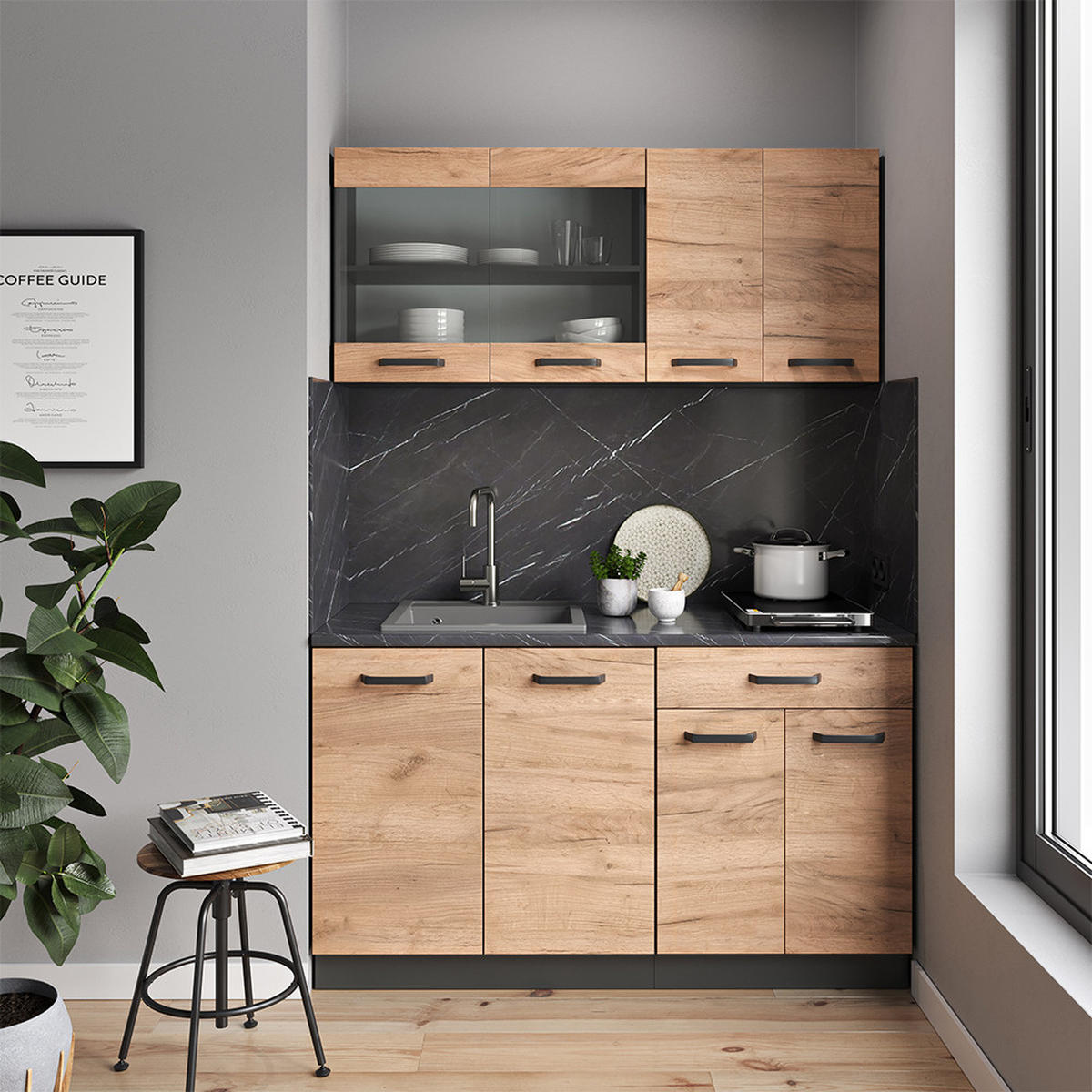 SINGLEKÜCHE R-Line Goldkraft Eiche/Anthrazit 140 cm, AP Anthrazit - Honigeiche/Anthrazit, Holzwerkstoff (140/81.6/60cm) - Vicco