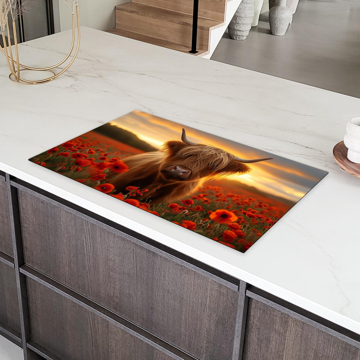 HERDABDECKPLATTE Schottische Highlander - Rosen - Blumenfeld - Sonnenuntergang Ceranfeldabdeckung 90x52 cm - Rotbraun, Kunststoff (90/52/0.2cm) - MuchoWow