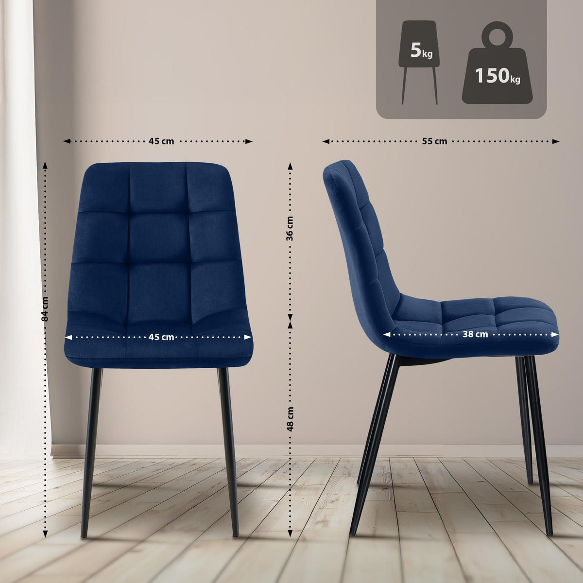 STUHL 4er Set Samt Dunkelblau - Schwarz/Dunkelblau, Textil/Metall (45/84/55cm) - CLP