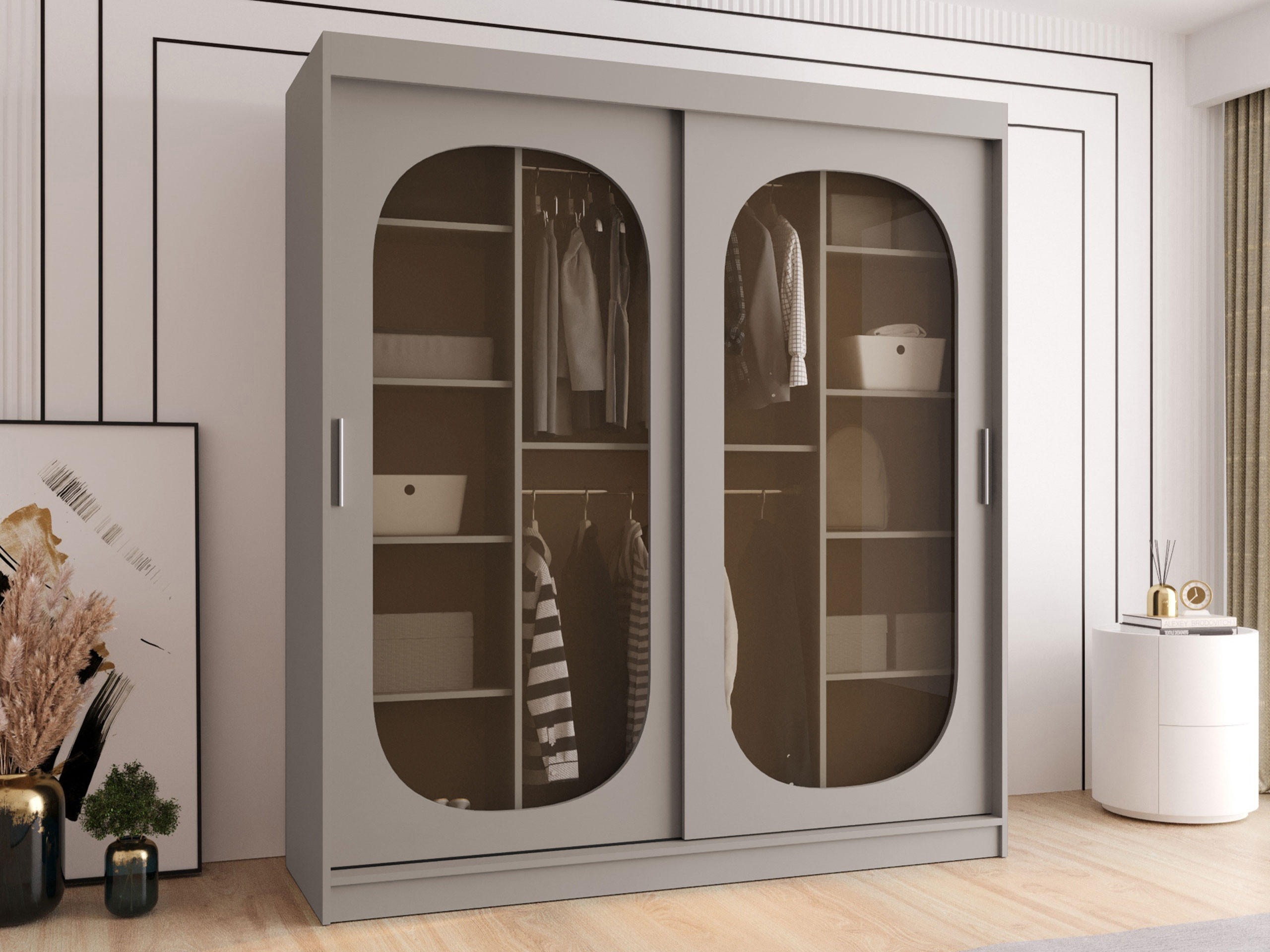 SCHWEBETÜRENSCHRANK Bahrajn 180 mit Schubladen - Kaschmir/Silberfarben, Holzwerkstoff/Kunststoff (180/200/62cm) - MIRJAN24