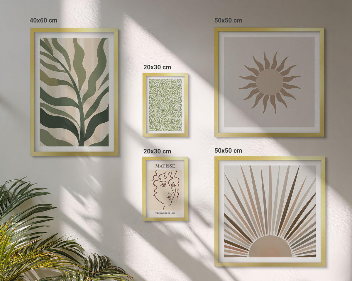 BILDER SET 5er Set - 50x50 cm & 20x30 cm & 40x60 cm Goldrahmen - Abstrakte Pflanzenmuster - Goldfarben, Kunststoff (40/60cm) - TULUP