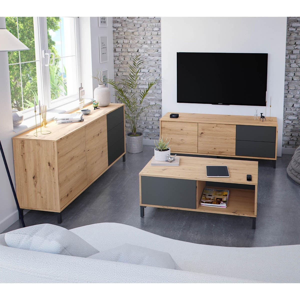 SIDEBOARD mit 2 Türen und 3 Schubladen Brooklyn - L154cm - Eiche Artisan/Grau, Holzwerkstoff (41/74/154cm) - Calicosy