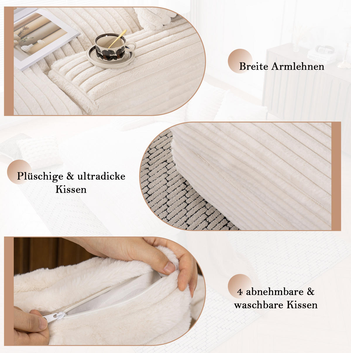RELAXLIEGE Cord 135x165 cm Beige mit 4 Kissen - Beige, Kunststoff (135/58/165cm) - Beauniv