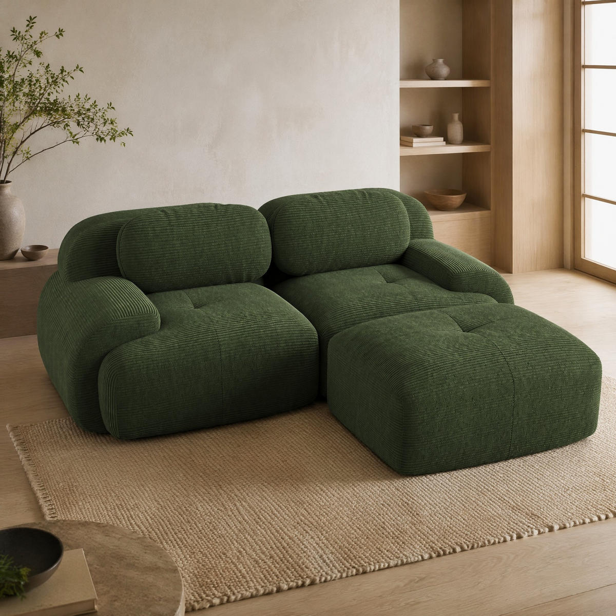 ECKSOFA in Grün aus Cordstoff, modular, rahmenlos und ohne Montage - Grün, Textil (178/208cm) - Flora Grace
