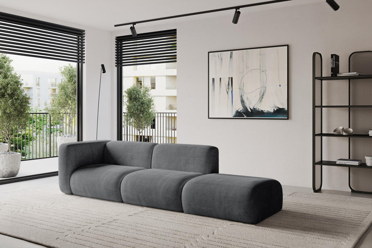 SOFA Ottomane Links MIRA-S3 296x89x70 Dunkelgrau Cord - Dunkelgrau/Schwarz, Holzwerkstoff/Kunststoff (296/70/89cm) - ALTDECOR