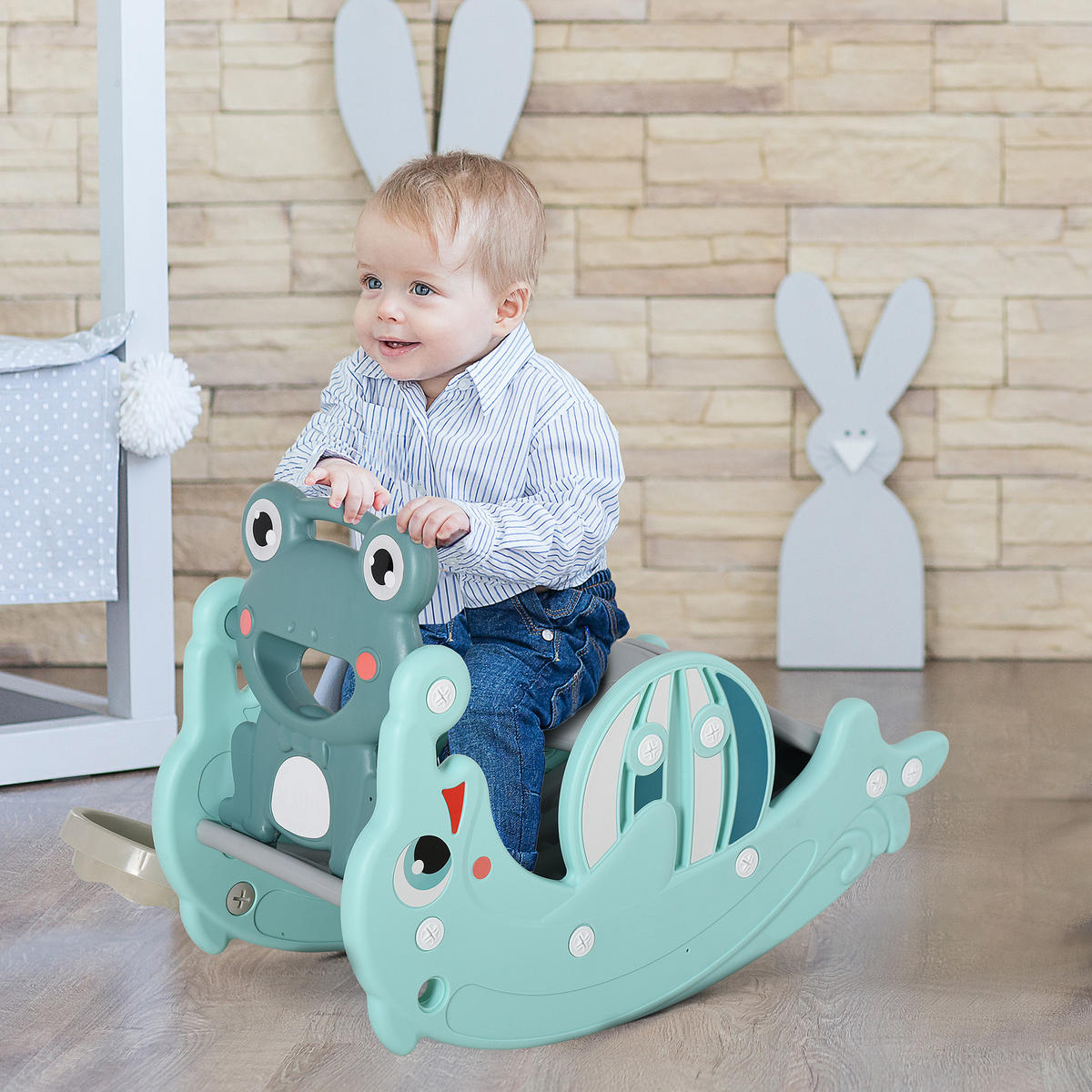 SCHAUKELPFERD DE-18223 3-in-1 mit Rutsche & Basketballkorb Blau-Türkis - Grün, Kunststoff (34/47/72cm) - ComfortXL