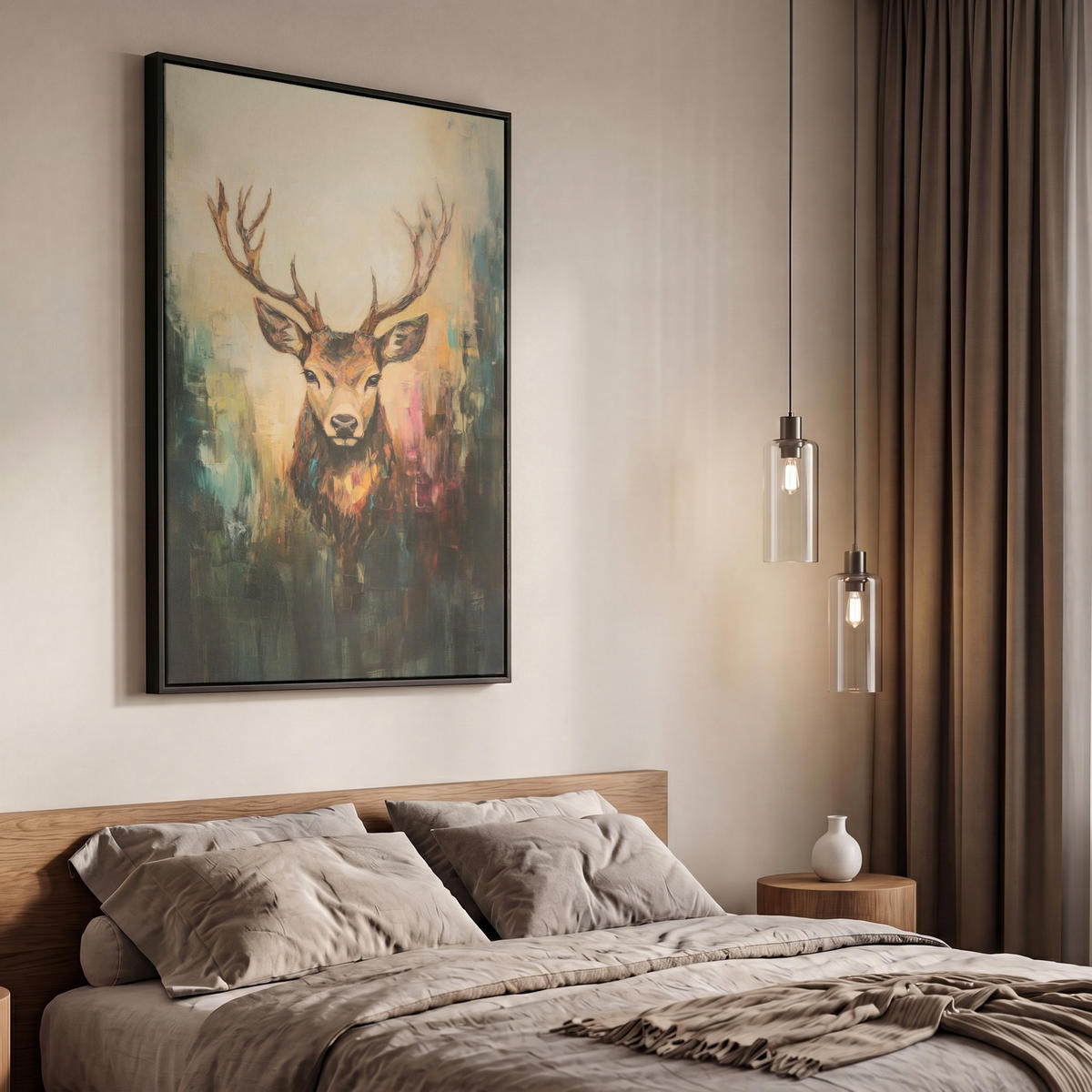 LEINWAND Bilder mit Rahmen - Hirsch - Gemalt - Geweih - Braun - 60x90 - Haselnussfarben, Textil (60/90cm) - MuchoWow