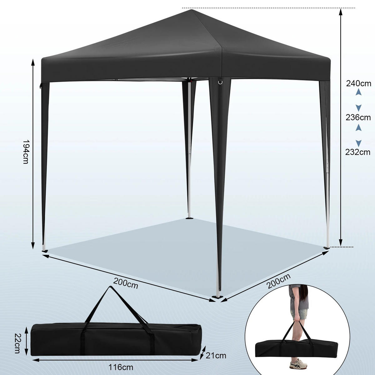 PAVILLON 2x2 m Anthrazit mit 4 Seitenwänden - Anthrazit, Textil/Metall (200/200cm) - Kaket