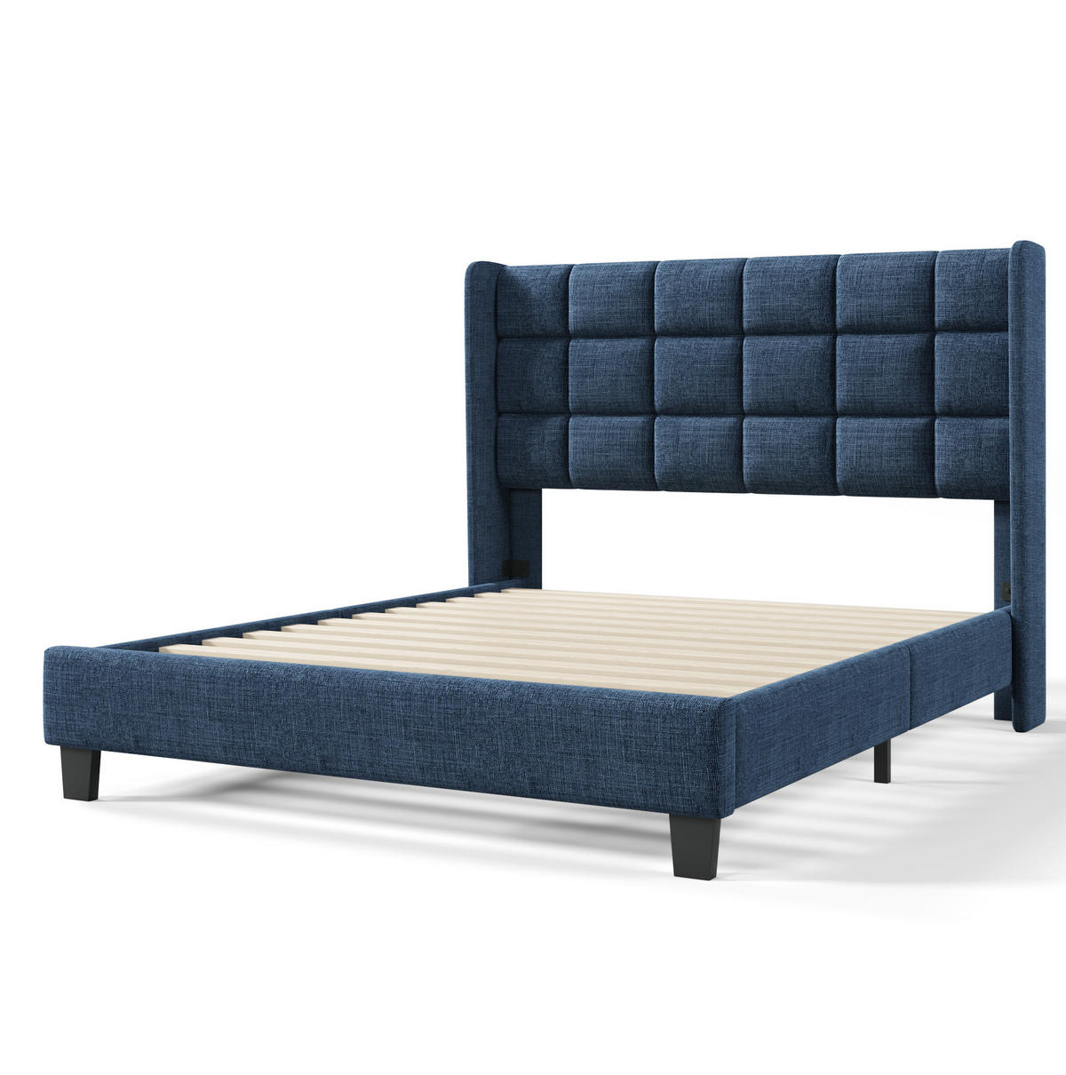 ČALOUNĚNÁ postel 140/200 cm modrá z lnu s roštem a vysokým čelem - modrá, textil (140/200cm) - OKWISH