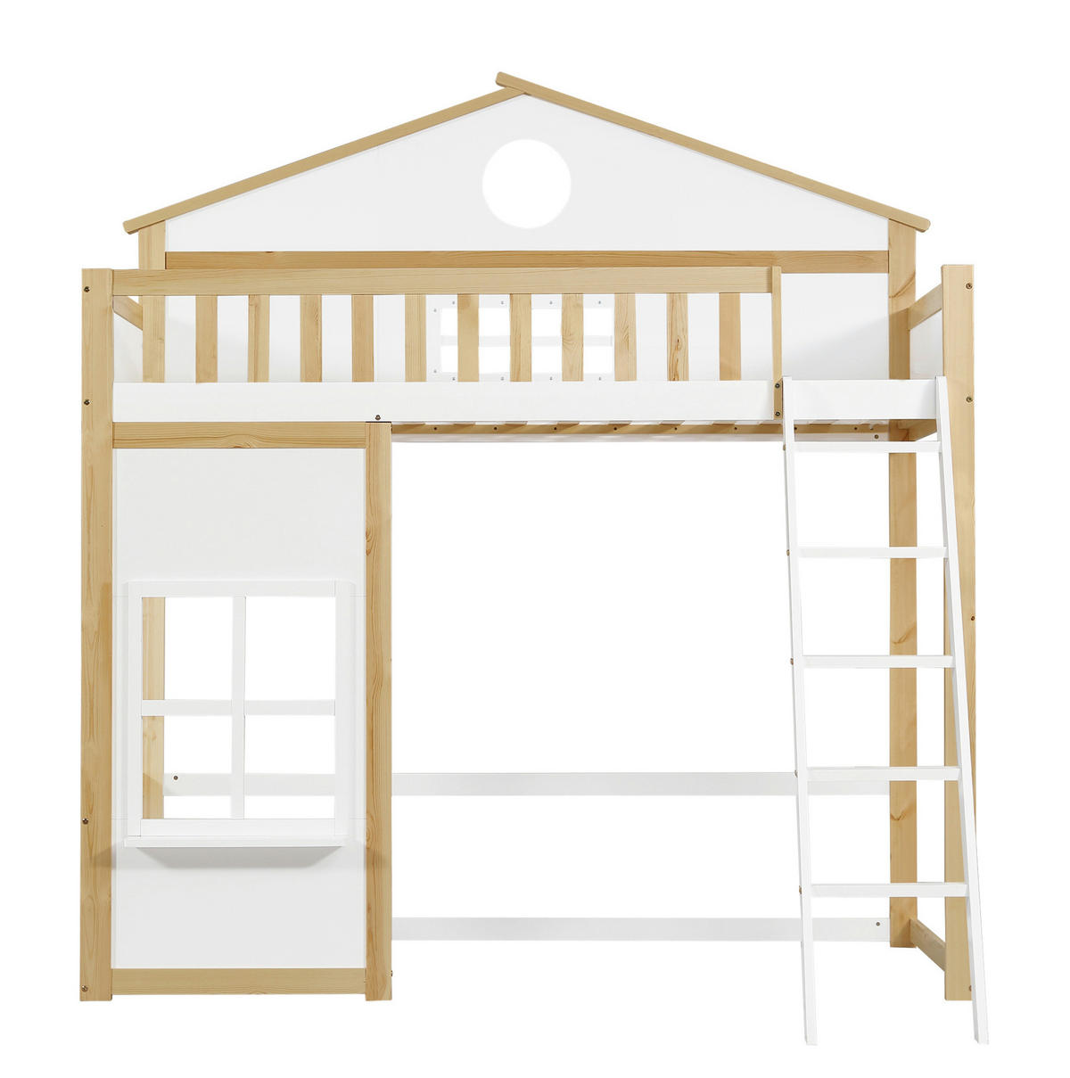 ETAGENBETT aus Kiefer und MDF 90x200 cm Weiß/Natur mit Treppe, Fallschutz, Dach und Fenstern - Weiß, Holzwerkstoff (90/200cm) - Modfu