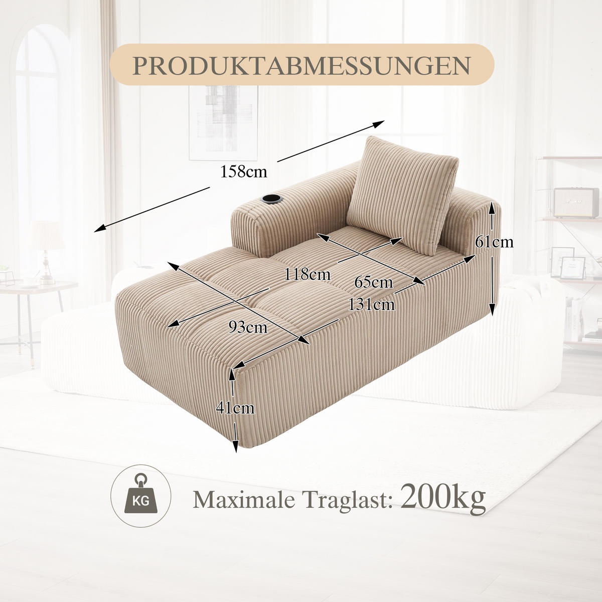 CHAISELONGUE in Cord (158 cm) mit Getränkehalter & Seitentaschen - Taupe, Textil (158/61/93cm) - Urban Meuble