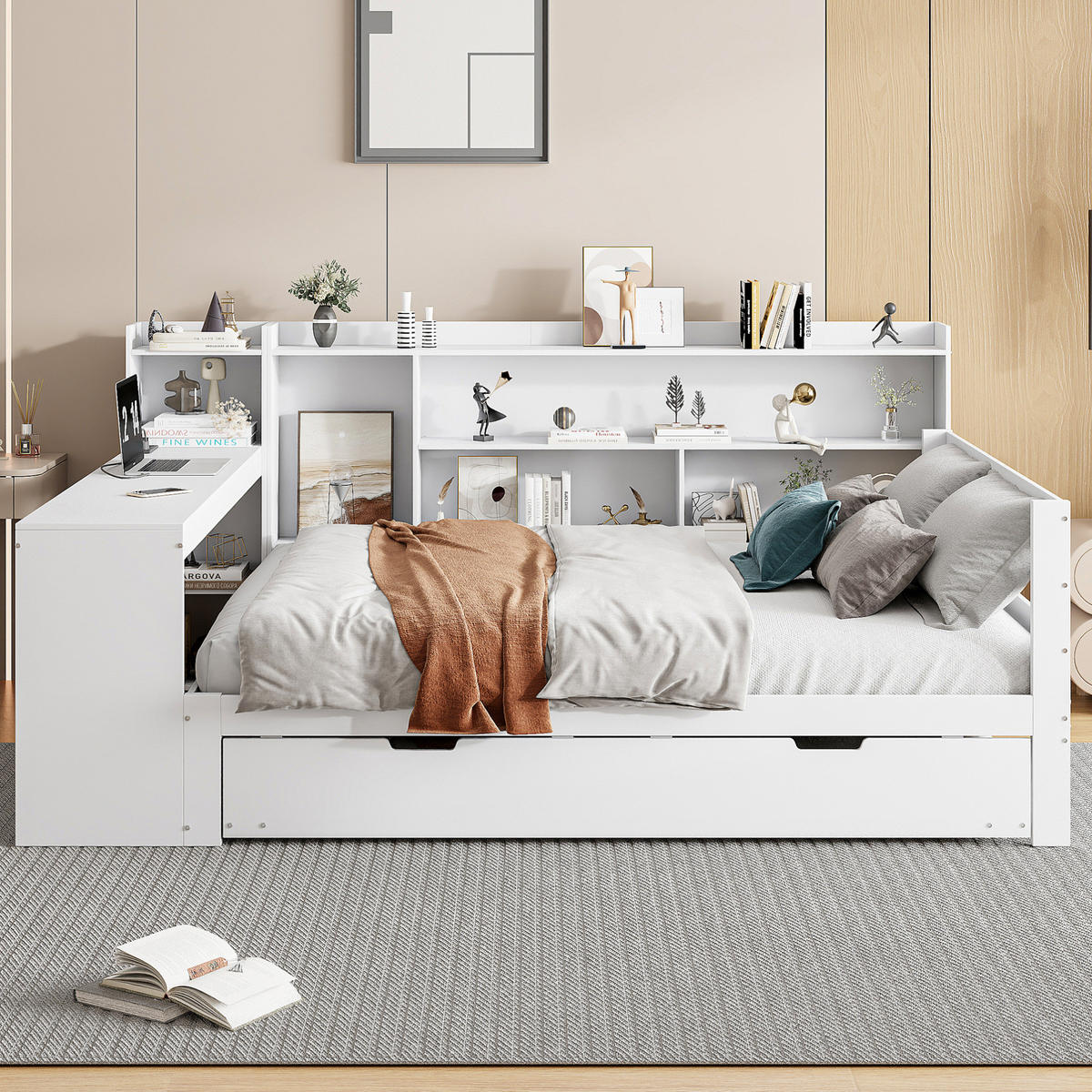 HOLZBETT 140/200 cm in Weiß – mit Ausziehbett, Regalen und inkl. Lattenrost - Weiß, Holz (140/200cm) - BEAOK