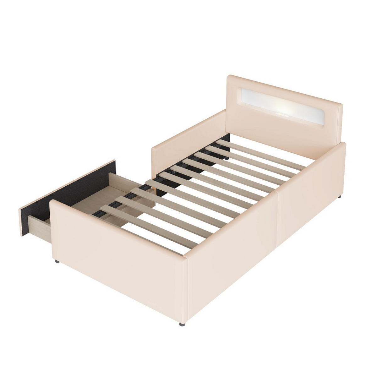 POLSTERBETT 90x200 cm mit Nachtlicht und USB-Ladeanschluss in Beige - Beige, Leder/Holz (90/200cm) - KOMHTOM