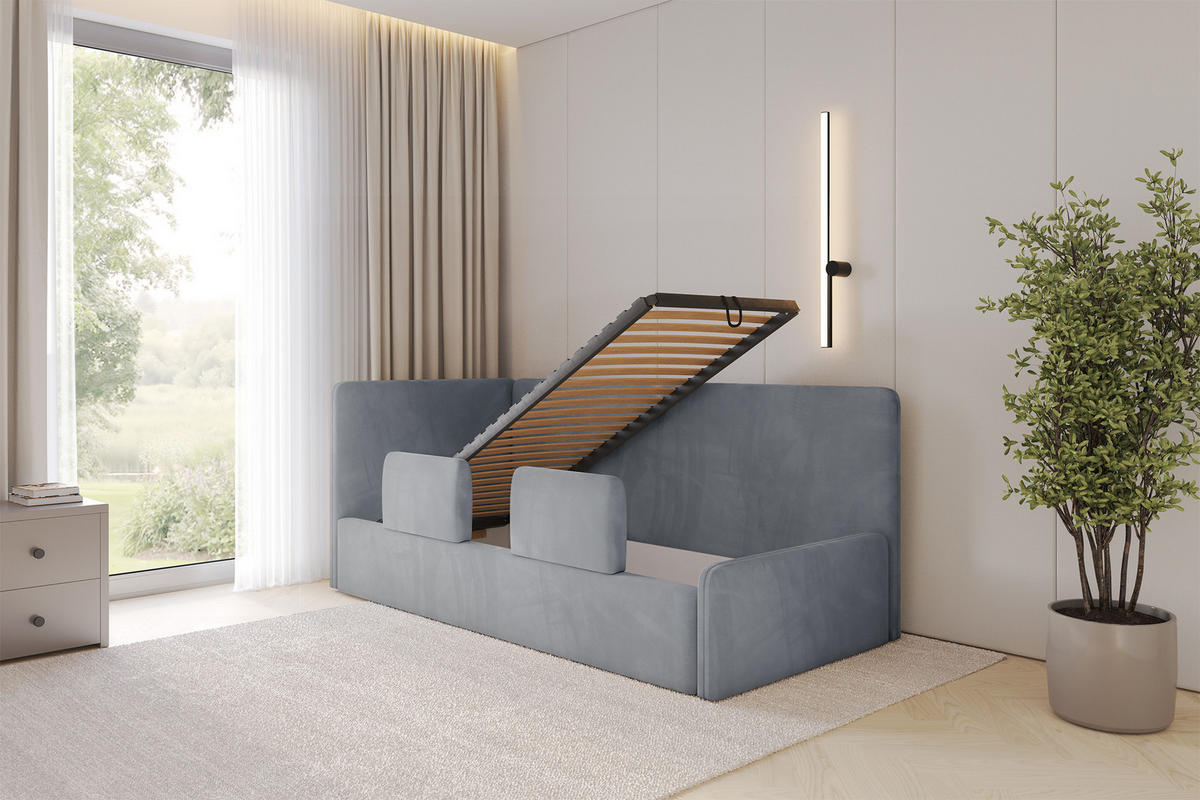 EINZELLBETT Jugendbett mit Bettkasten, Rechts - NORY 100x200 Grau - Blaugrau, Holzwerkstoff/Textil (100/200cm) - ALTDECOR