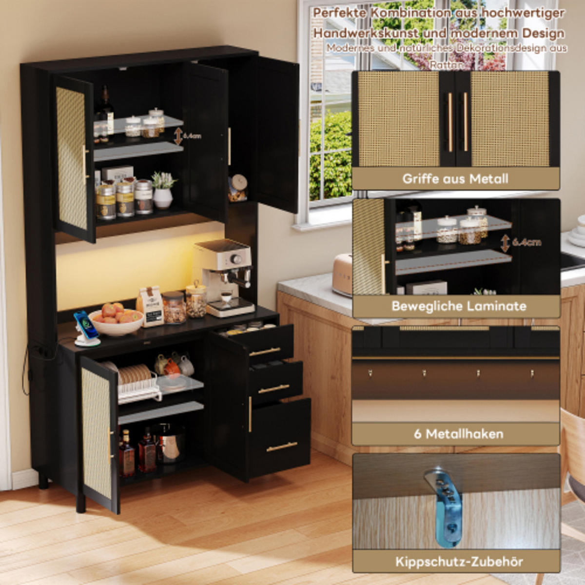 KÜCHENSCHRANK Schwarz aus MDF mit Rattanfront, LED-Beleuchtung und integrierten Steckdosen 100×40×183 cm - Schwarz, Holzwerkstoff (100/183/40cm) - Luhomfu
