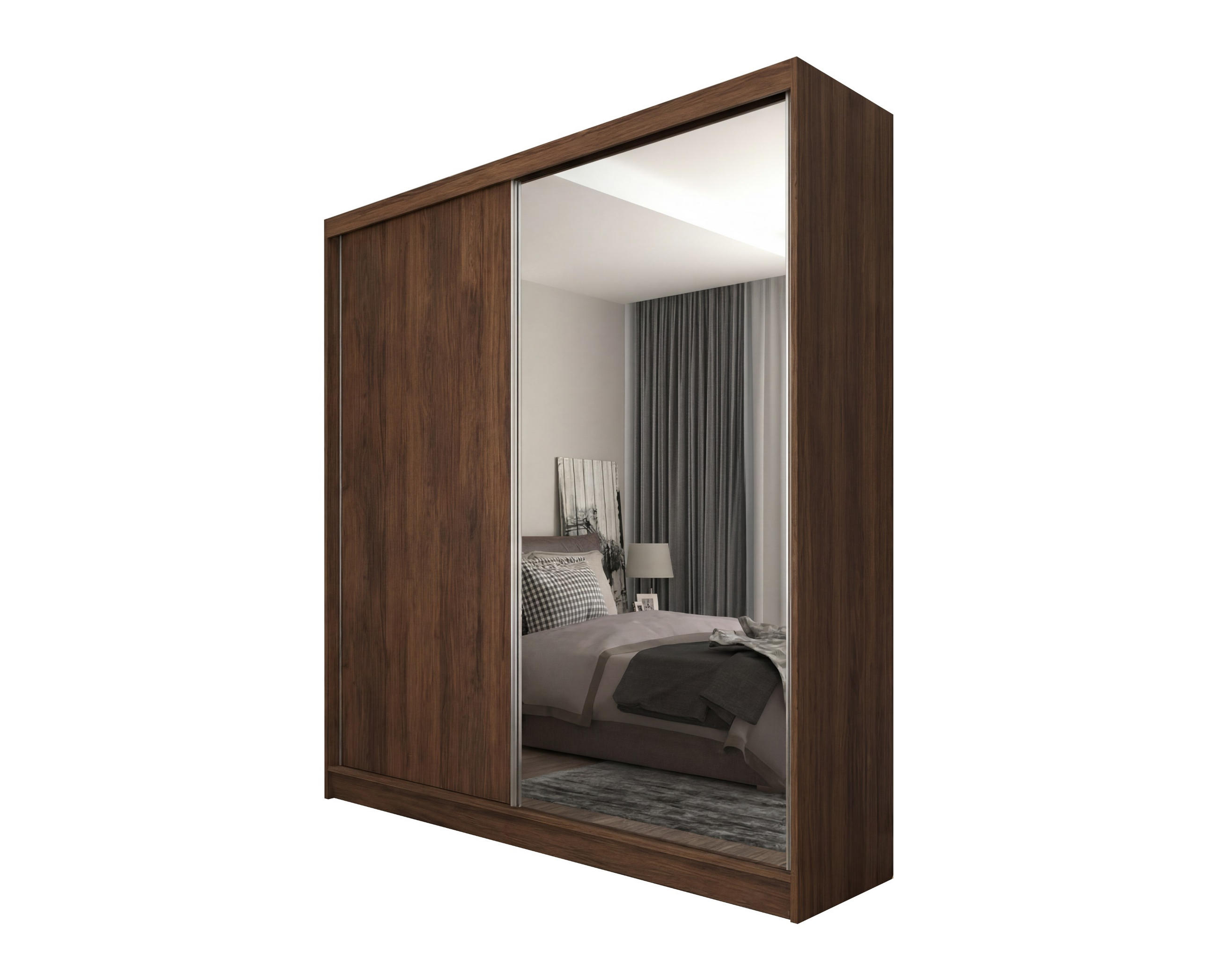 SCHWEBETÜRENSCHRANK Pamela 200 cm mit Spiegel, 2-türig, Nuss Warmia - Dunkelbraun, Kunststoff (200/216/61cm) - Margaret Hadas24
