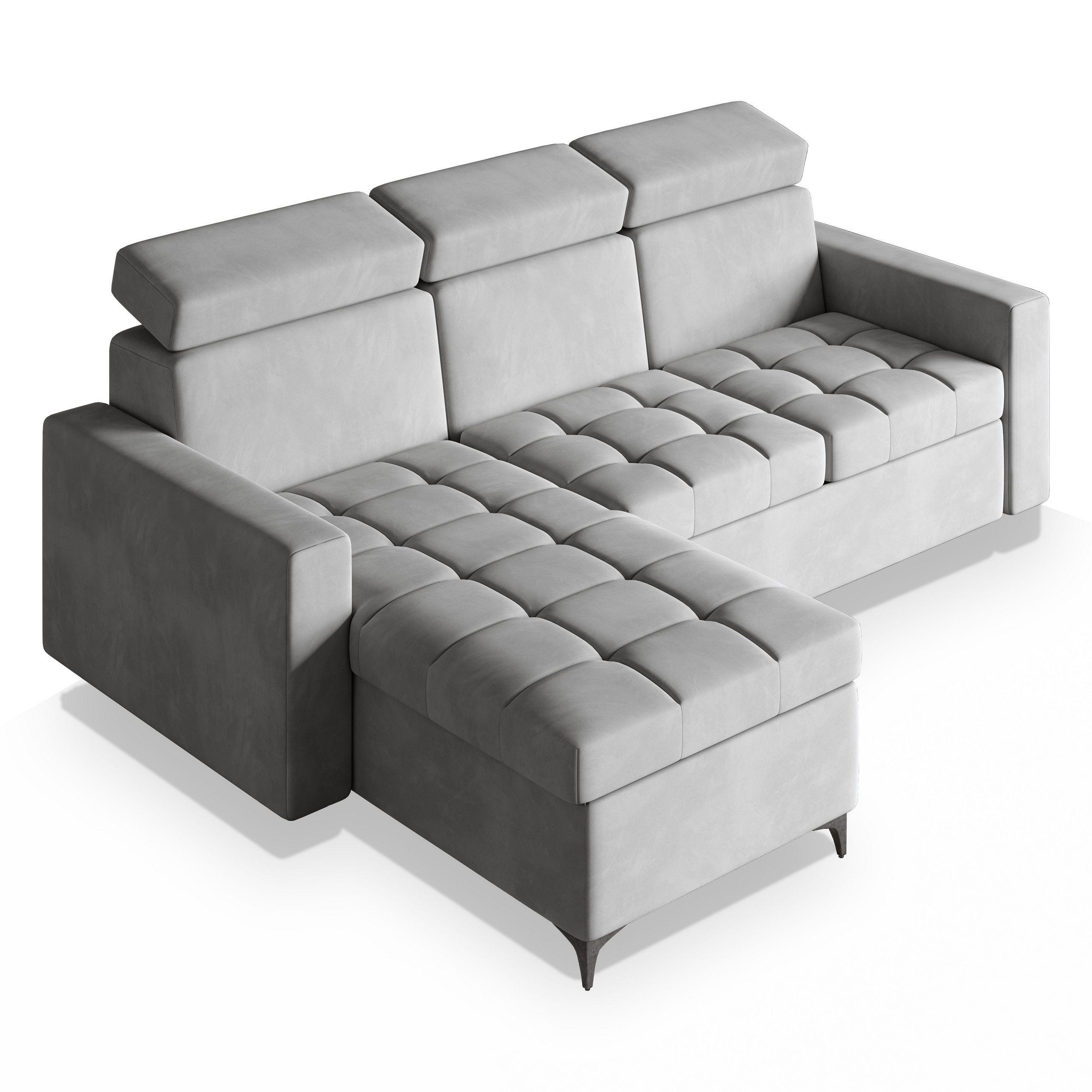 ECKSOFA KAME Hellgrau Plüsch-Stoff mit Schlaffunktion - Hellgrau, Holz (227/168cm) - MASSENO