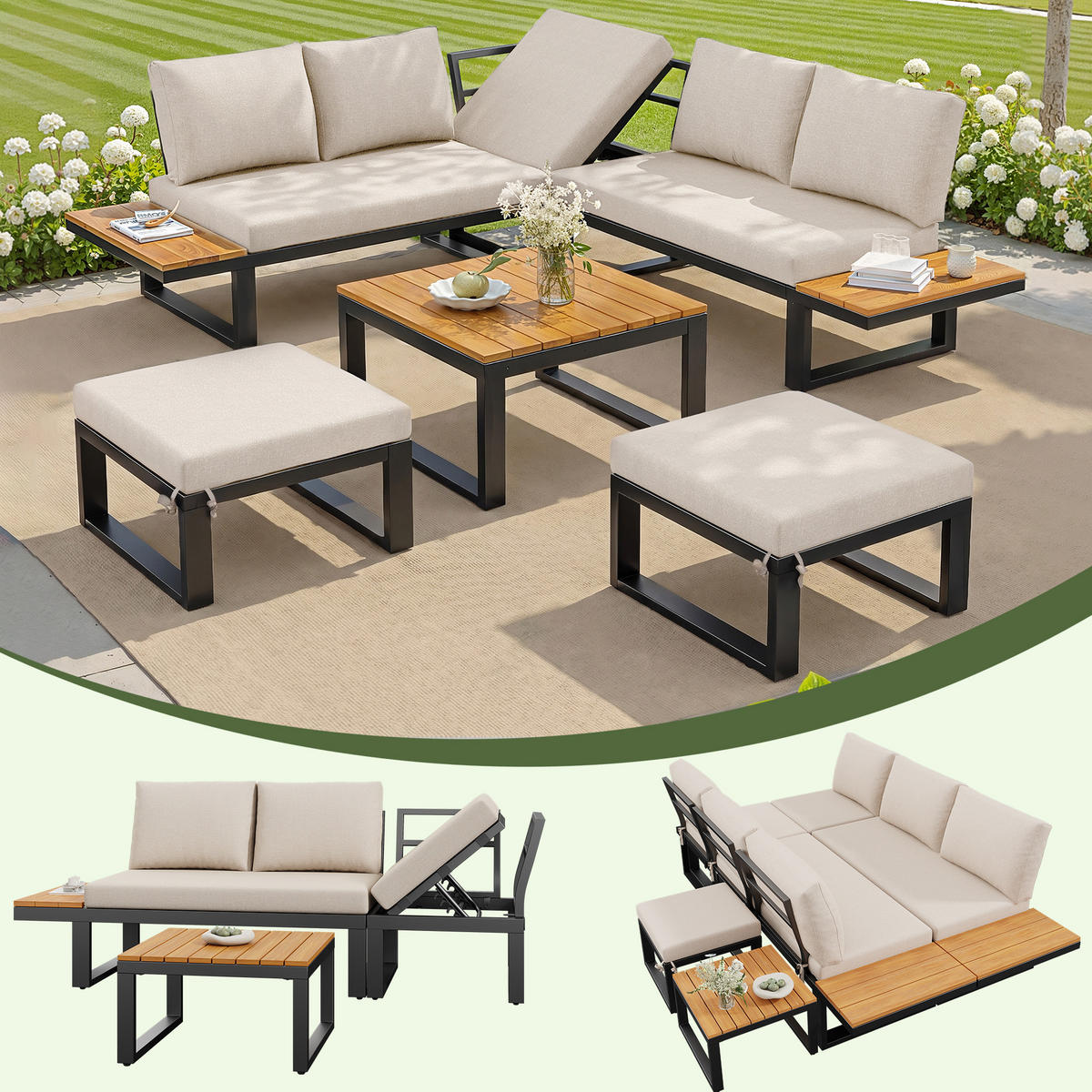 GARTENLOUNGE 6tlg Grau Beige Ecksofa Tisch Hocker verstellbar - Beige, Metall - FLIEKS