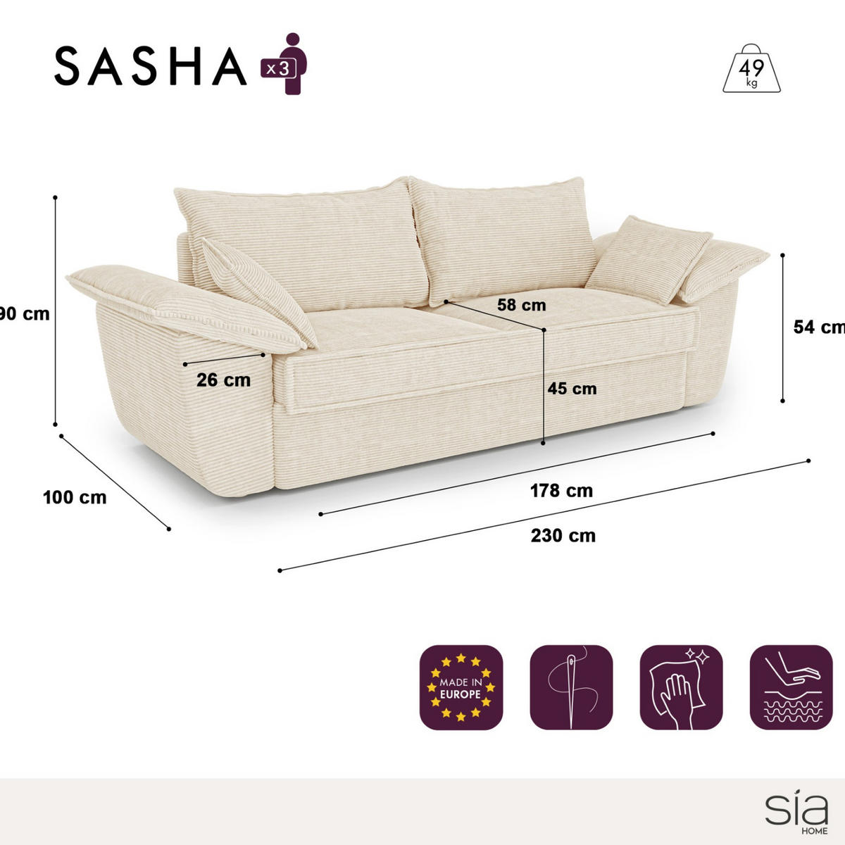 SOFA 3-Sitzer Gerippter Samt XXL Creme 232cm - Creme, Textil (232/92/102cm) - Sia Home