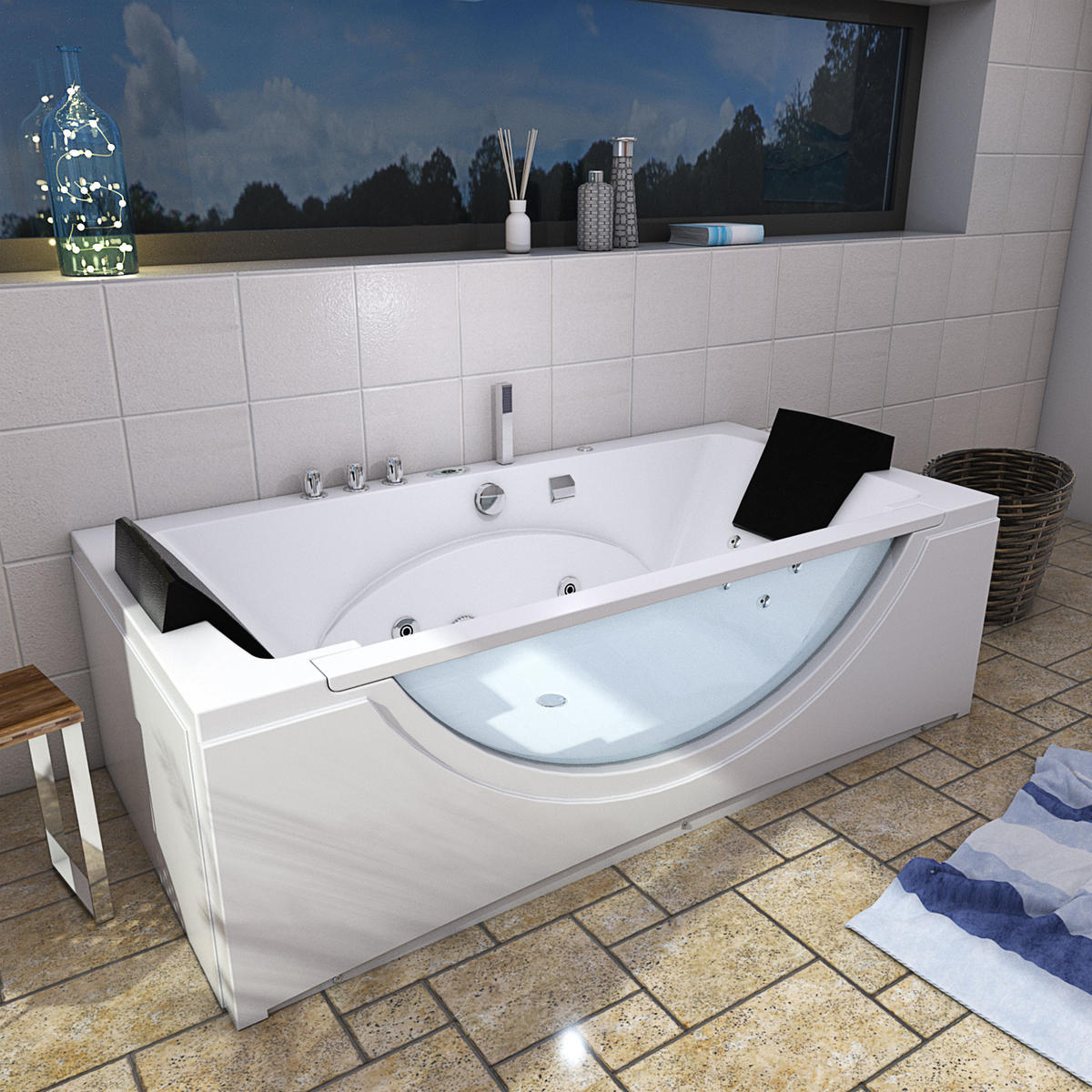 WHIRLPOOL Pool Badewanne Wanne W81R-TH-B-SC 180x90cm - Weiß, Glas/Kunststoff (90/55/180cm) - AcquaVapore by Sandra Jentho