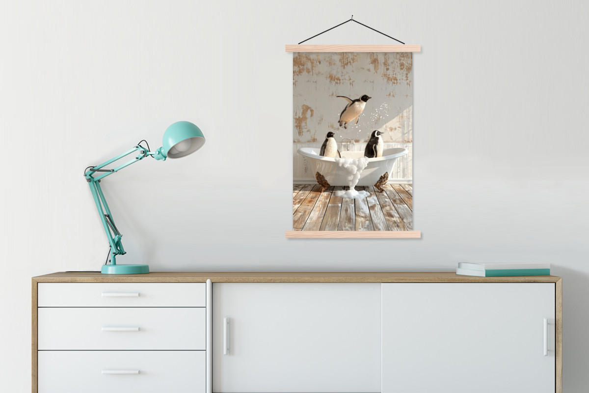 POSTER Vintage - Pinguin - Badewanne - Schaumstoff 60x90 cm - Schwarz, Textil (60/90/0.15cm) - MuchoWow