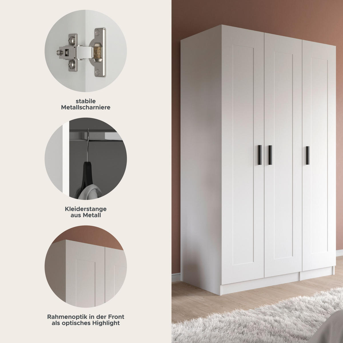 KLEIDERSCHRANK 3-türig VISBY (B/H/T: ca. 120/195/56 cm) in weiß/weiß - Weiß, Holzwerkstoff (120/195/56cm)