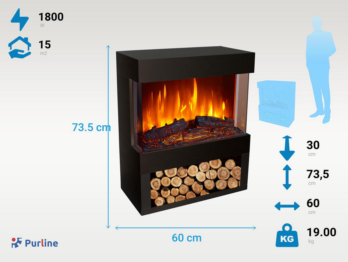 ELEKTROKAMIN Schwarz Bodenmodell mit integrierter Heizung 1800 W - Schwarz, Glas (60/74/30cm) - Purline