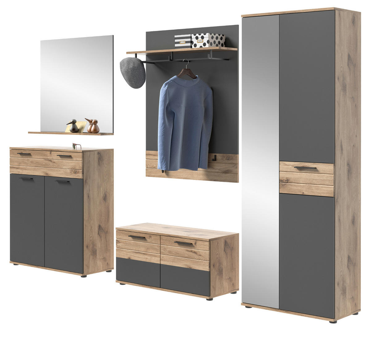 GARDEROBEN-SET Eiche, grau 5-teilig 280 cm mit Soft-Close - Eichefarben/Schwarz, Glas/Holzwerkstoff (195/200/37cm) - Inn.Furn