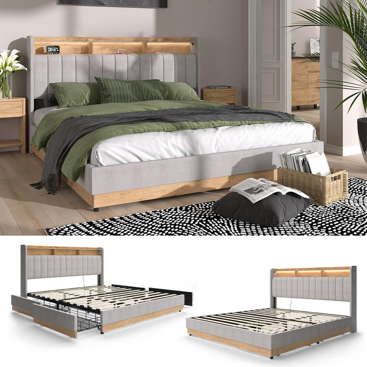 POLSTERBETT Nura Grau 180x200 cm mit 4 Schubladen - Grau, Holzwerkstoff - VitaliSpa