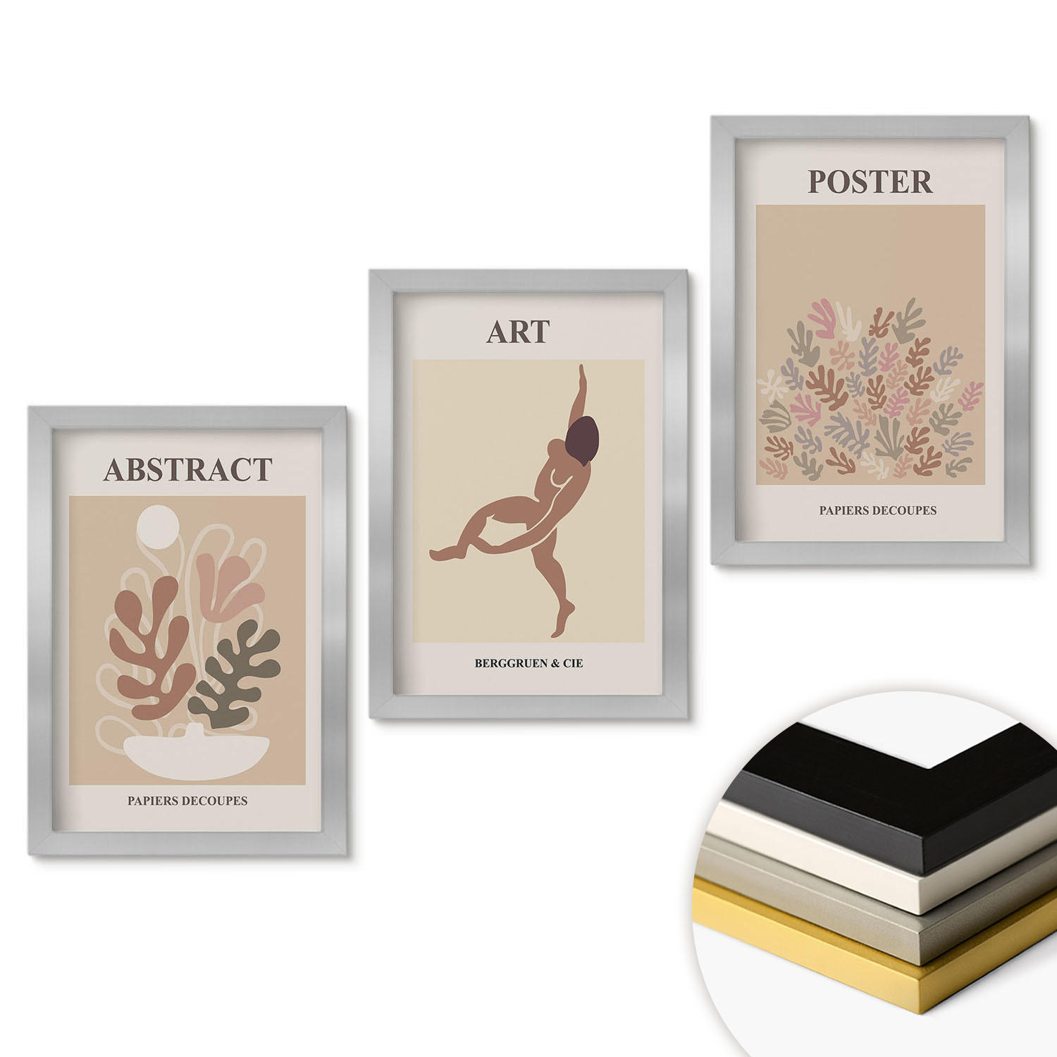 WANDBILDER 3er Set - 20x30 cm Silberner Rahmen - Matisses stilvolle Kompositionen - Silberfarben, Kunststoff (20/30cm) - ArtPrintCave