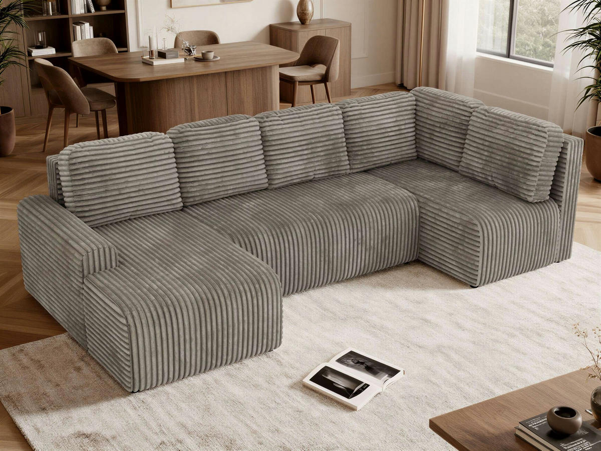 WOHNLANDSCHAFT NESSARO COR U Hellbraun Cord - Rechts Seite - Hellbraun/Schwarz, Kunststoff/Textil (151/92/307cm) - MKS