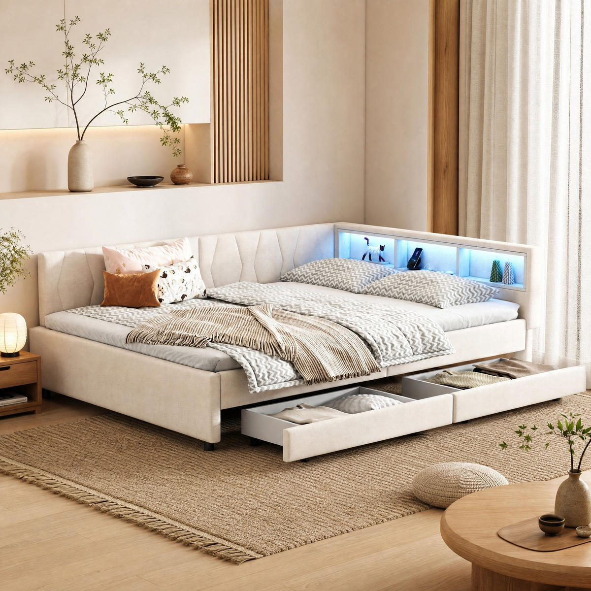 POLSTERBETT 140/200 mit LED, USB/Typ-C, zwei Schubladen, Ablagefächern und Lattenrost aus Leinen in Beige - Beige, Holzwerkstoff/Textil (140/200cm) - EVRYAE