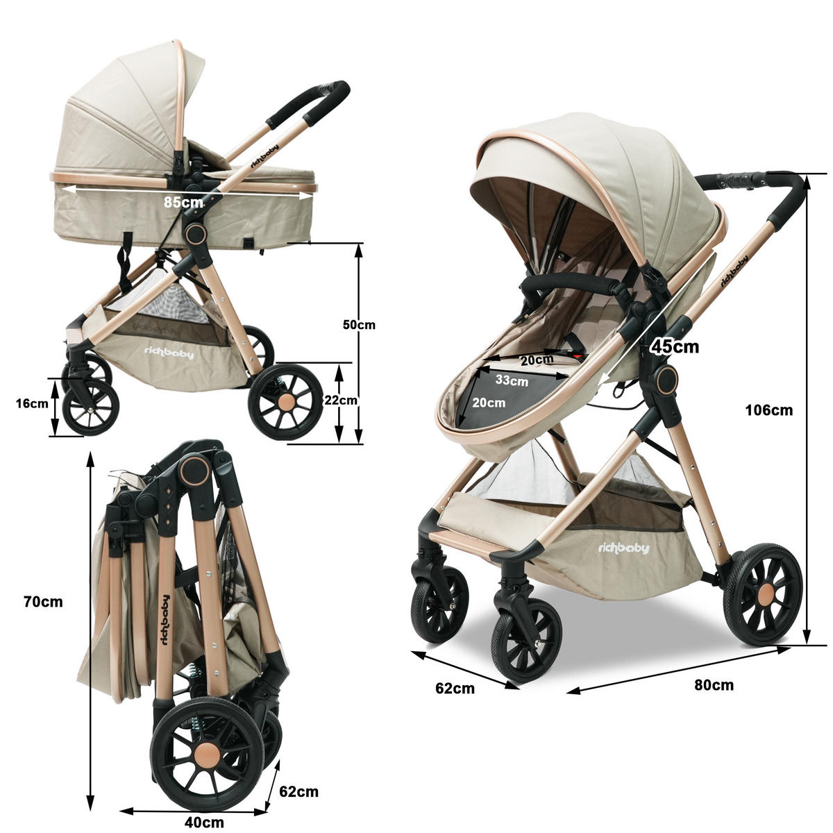 BUGGY Kombikinderwagen 0-36 Monate 2-in-1 Umbaubar Zu Babywanne Kompakt Faltbar - Creme, Metall (80/62/103cm) - Raelunyi