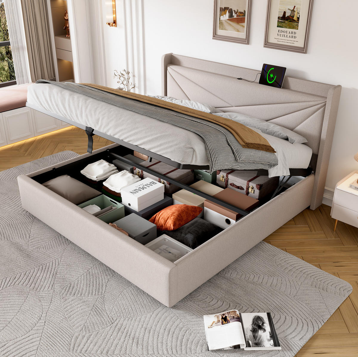 POLSTERBETT 140/200 cm mit Bettkasten, USB-C und gepolstertem Kopfteil - Beige, Textil (140/200cm) - BEAOK