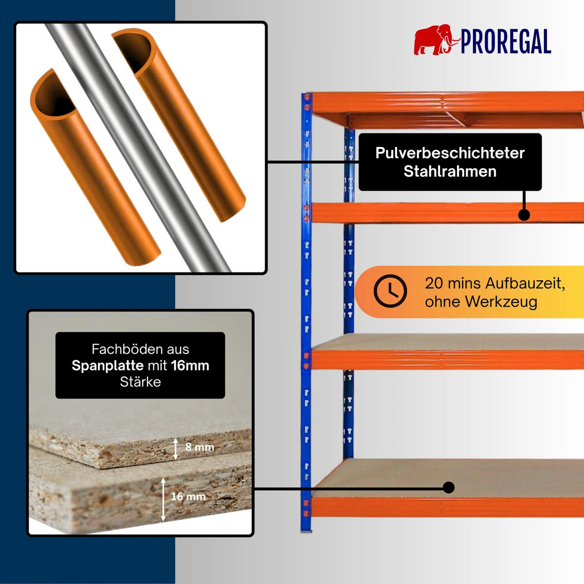 SCHWERLASTREGAL Rhino 200x200x60 cm 4 Spanplatten-Ebenen 16mm Fachlast 500 kg Blau/Orange - Blau/Orange, Metall (200/200/60cm) - PROREGAL