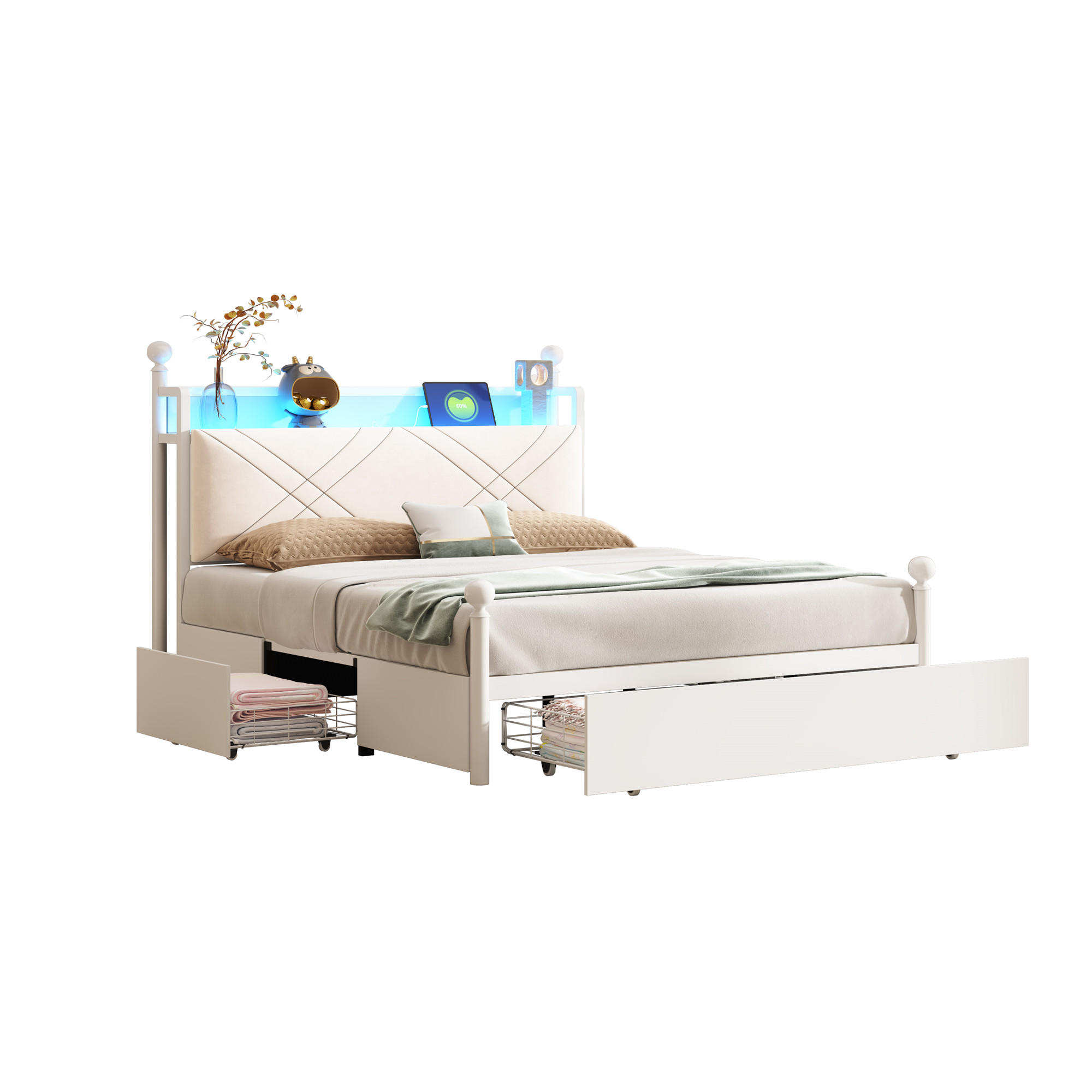 DOPPELBETT 140x190cm Stauraum LED USB Schubladen Weiß - Weiß, Metall (140/190cm) - FLIEKS