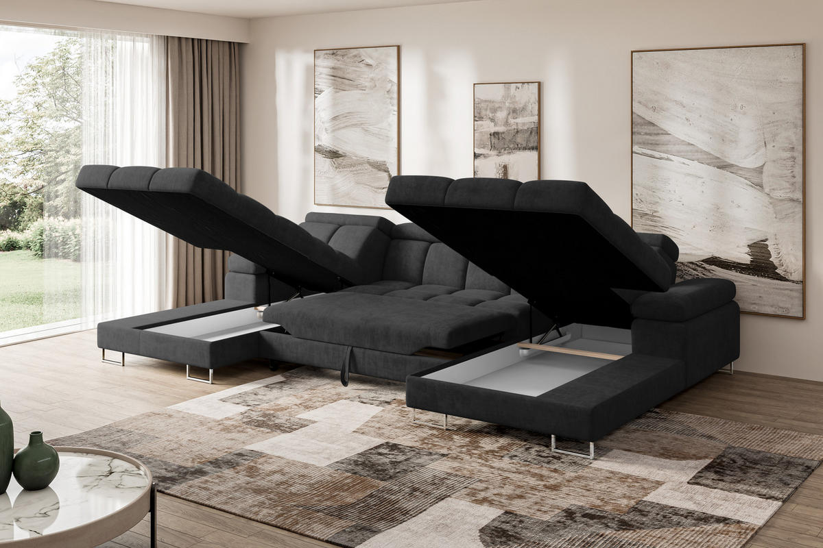 WOHNLANDSCHAFT mit Schlaffunktion und Bettkasten COMA U2 345x203x79 Schwarz Velours - Schwarz, Holzwerkstoff/Textil (345/79/203cm) - ALTDECOR