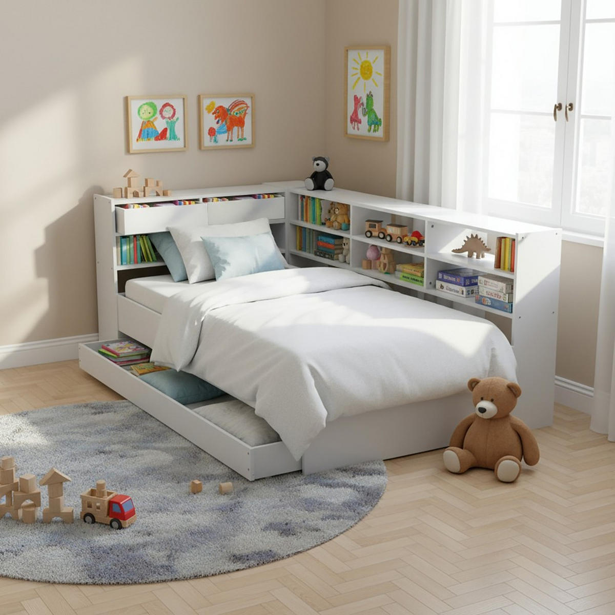 STAURAUMBETT ROLLER / 90x190 cm - Weiß - Weiß, Holzwerkstoff (90/190cm) - Weber Industries